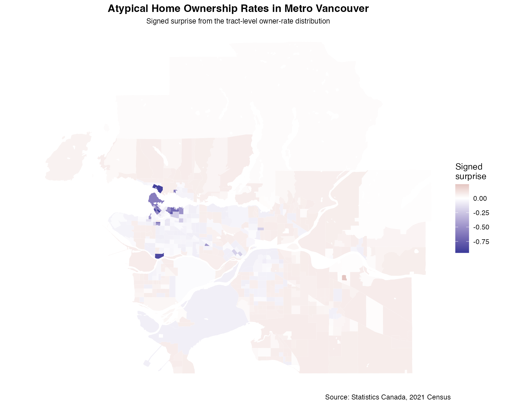 Canadian Census example visualization of Bayesian surprise or funnel plot values.