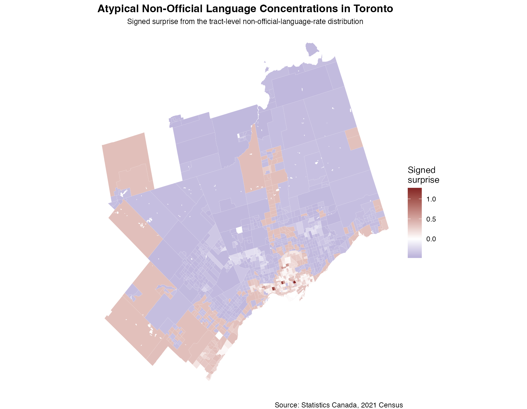 Canadian Census example visualization of Bayesian surprise or funnel plot values.