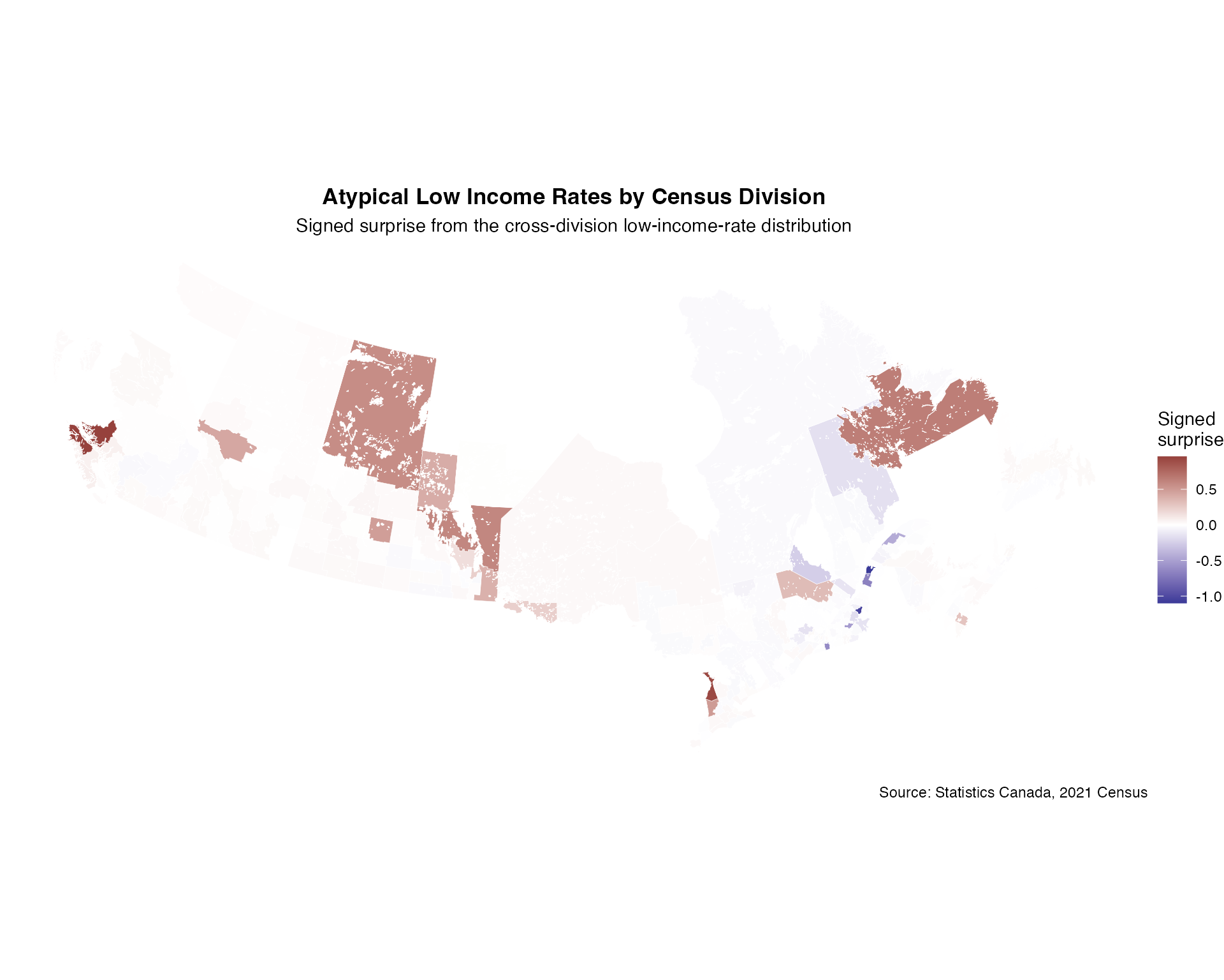 Canadian Census example visualization of Bayesian surprise or funnel plot values.