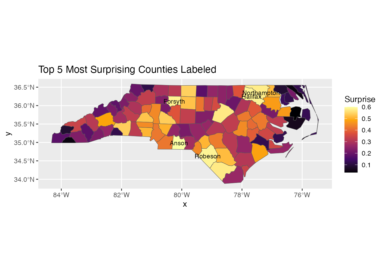 Example ggplot2 visualization of Bayesian surprise values.