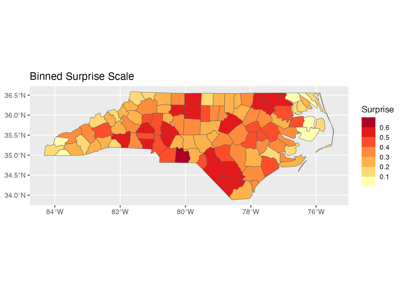 Example ggplot2 visualization of Bayesian surprise values.