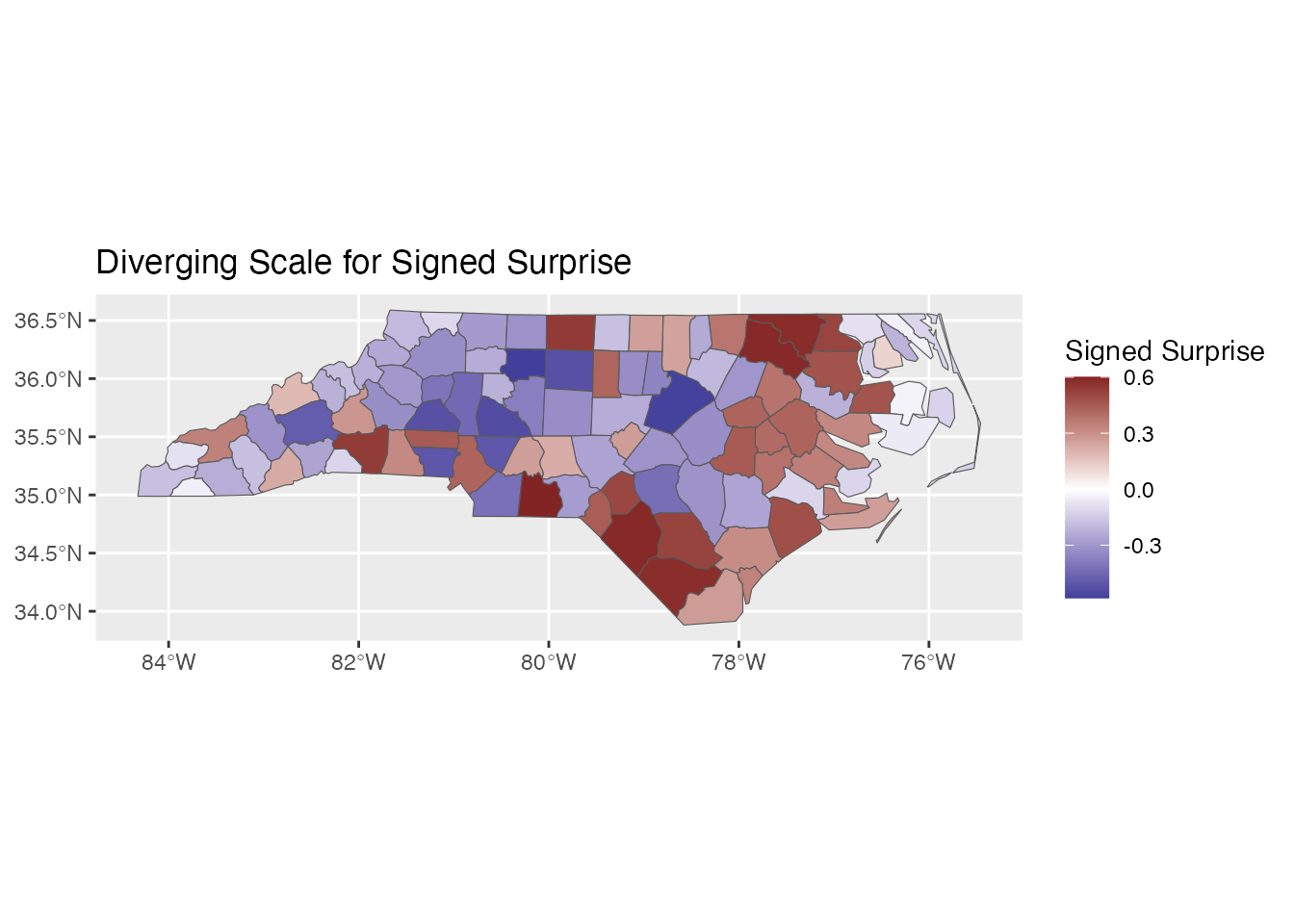 Example ggplot2 visualization of Bayesian surprise values.