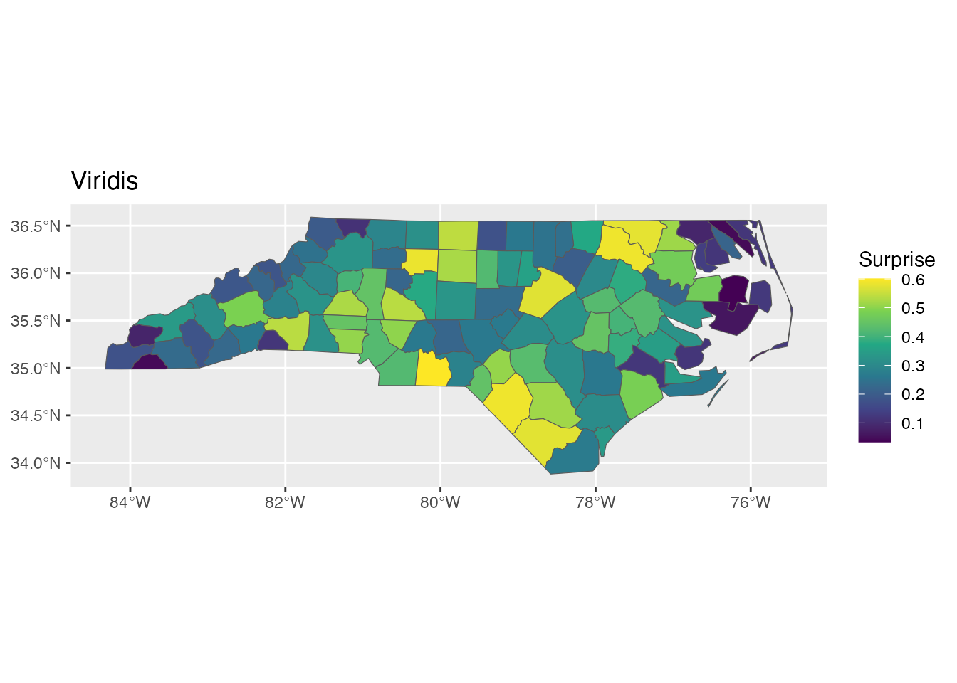 Example ggplot2 visualization of Bayesian surprise values.