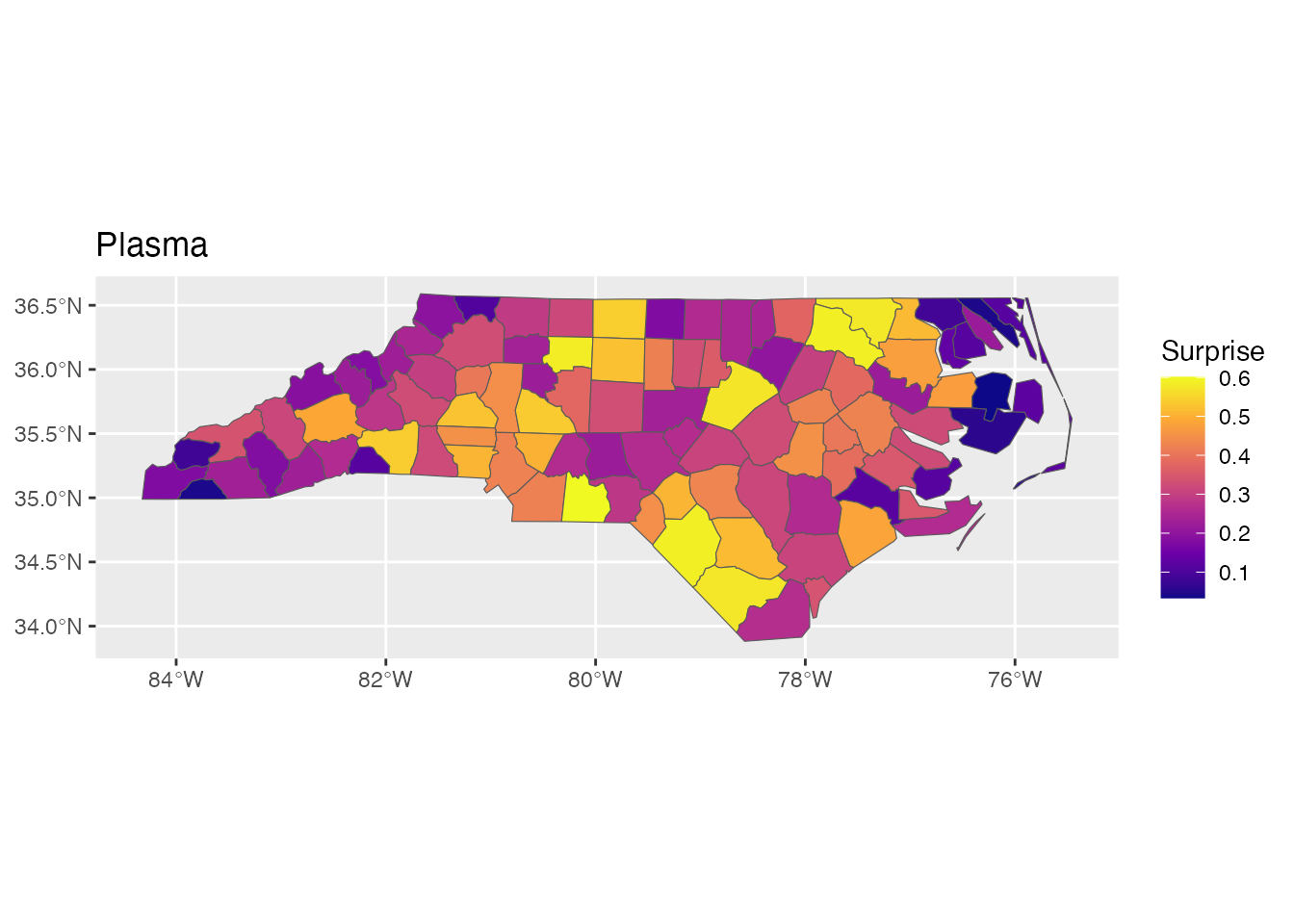 Example ggplot2 visualization of Bayesian surprise values.