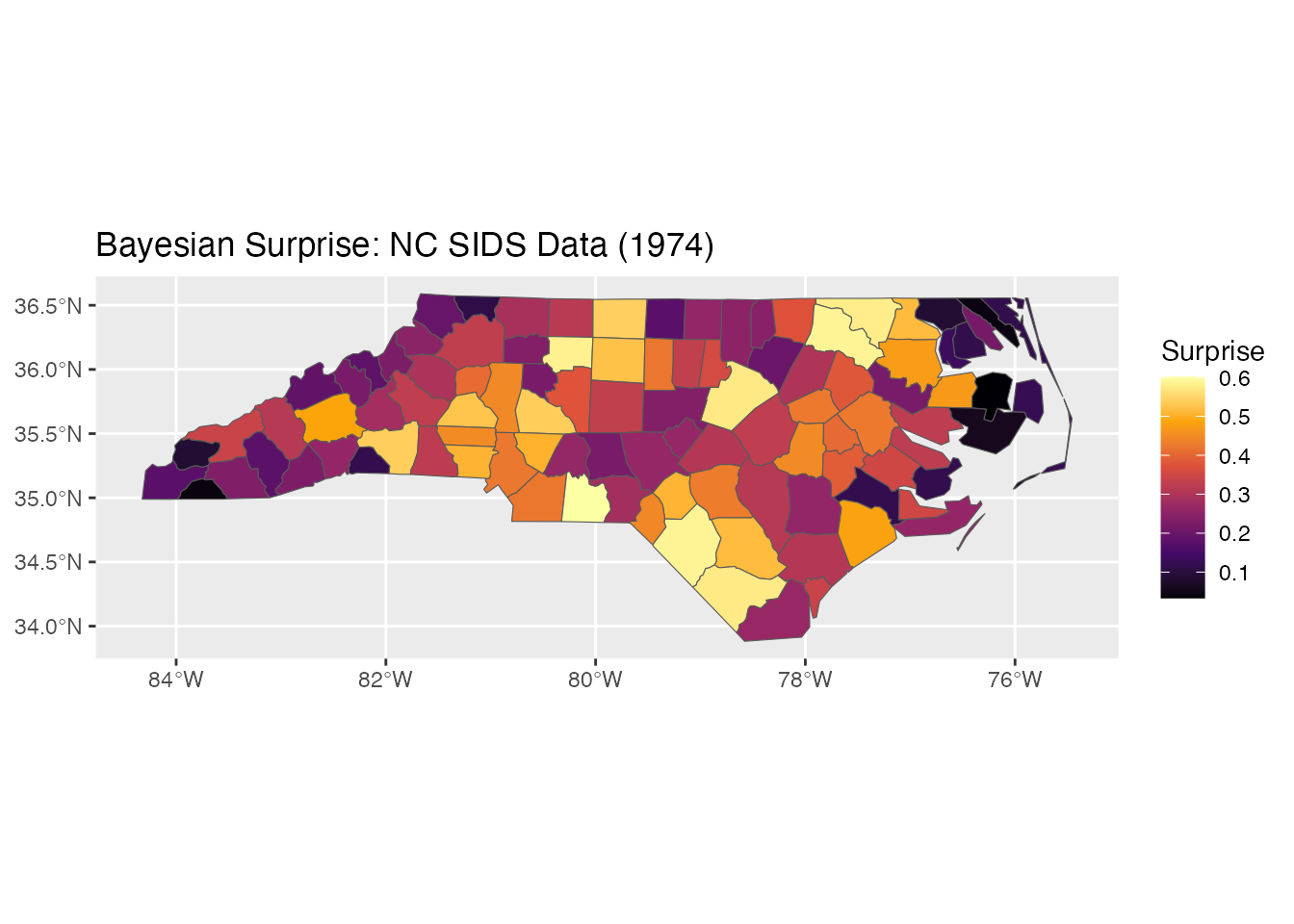 Map of North Carolina counties shaded by Bayesian surprise values.
