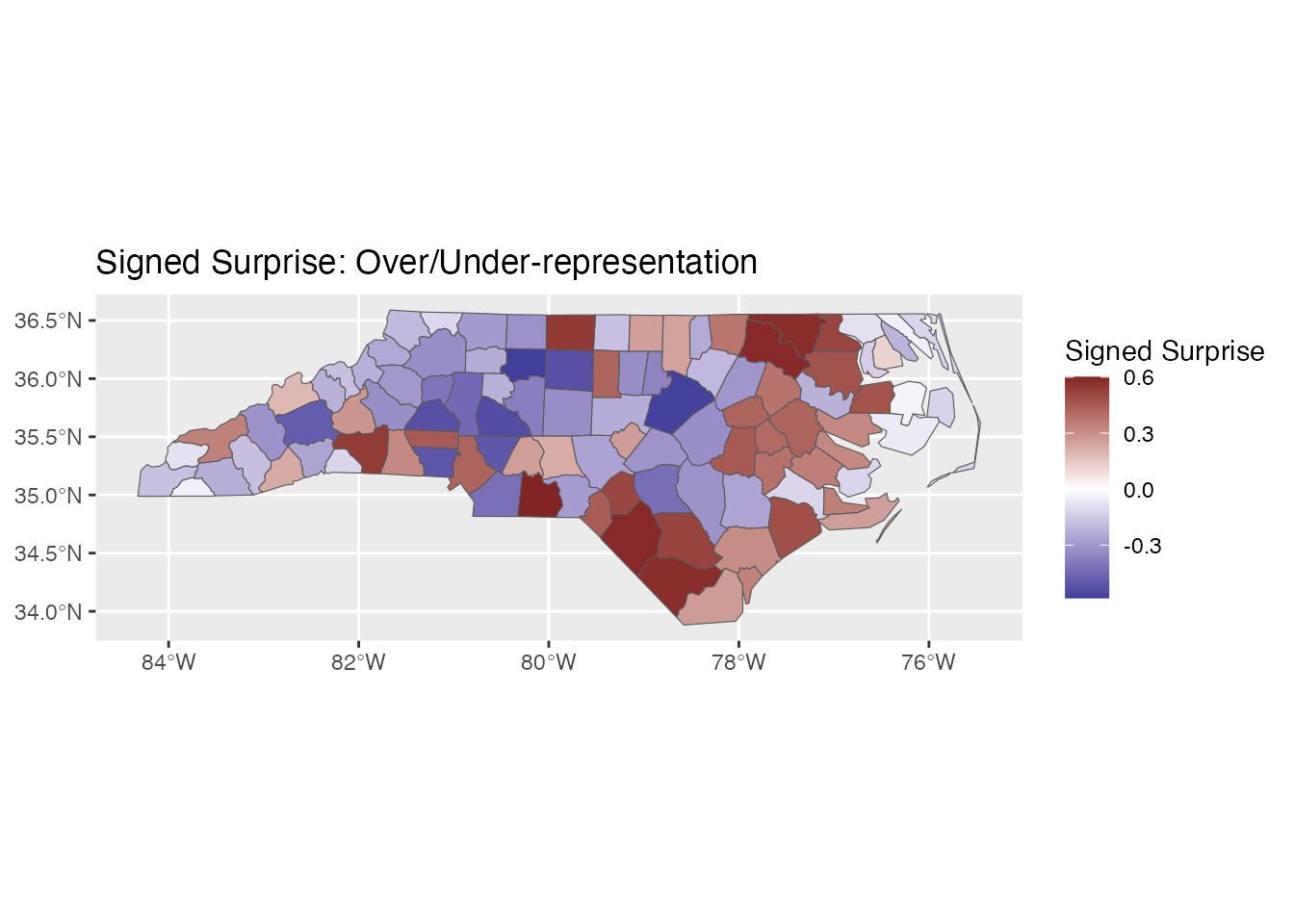 Map of North Carolina counties shaded by Bayesian surprise values.