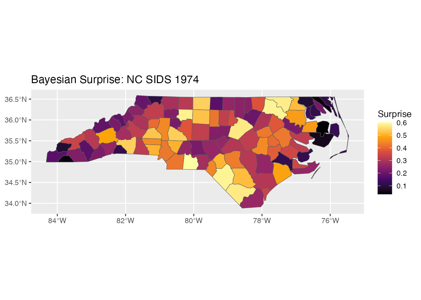 Spatial map of Bayesian surprise values for an sf object.