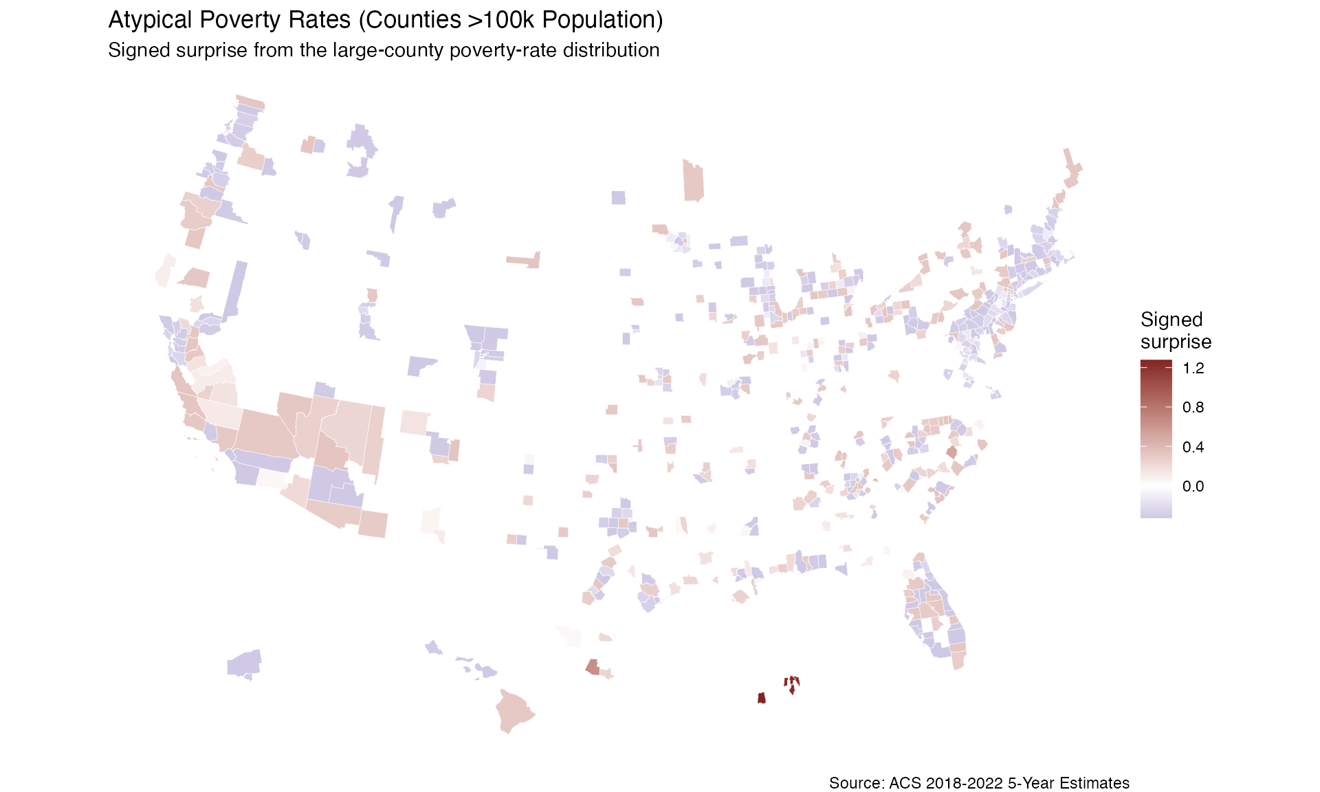 US Census example visualization of Bayesian surprise or funnel plot values.