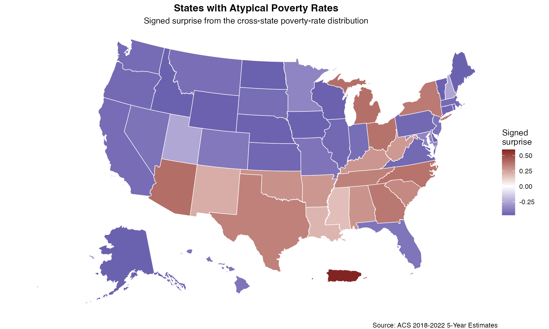 US Census example visualization of Bayesian surprise or funnel plot values.