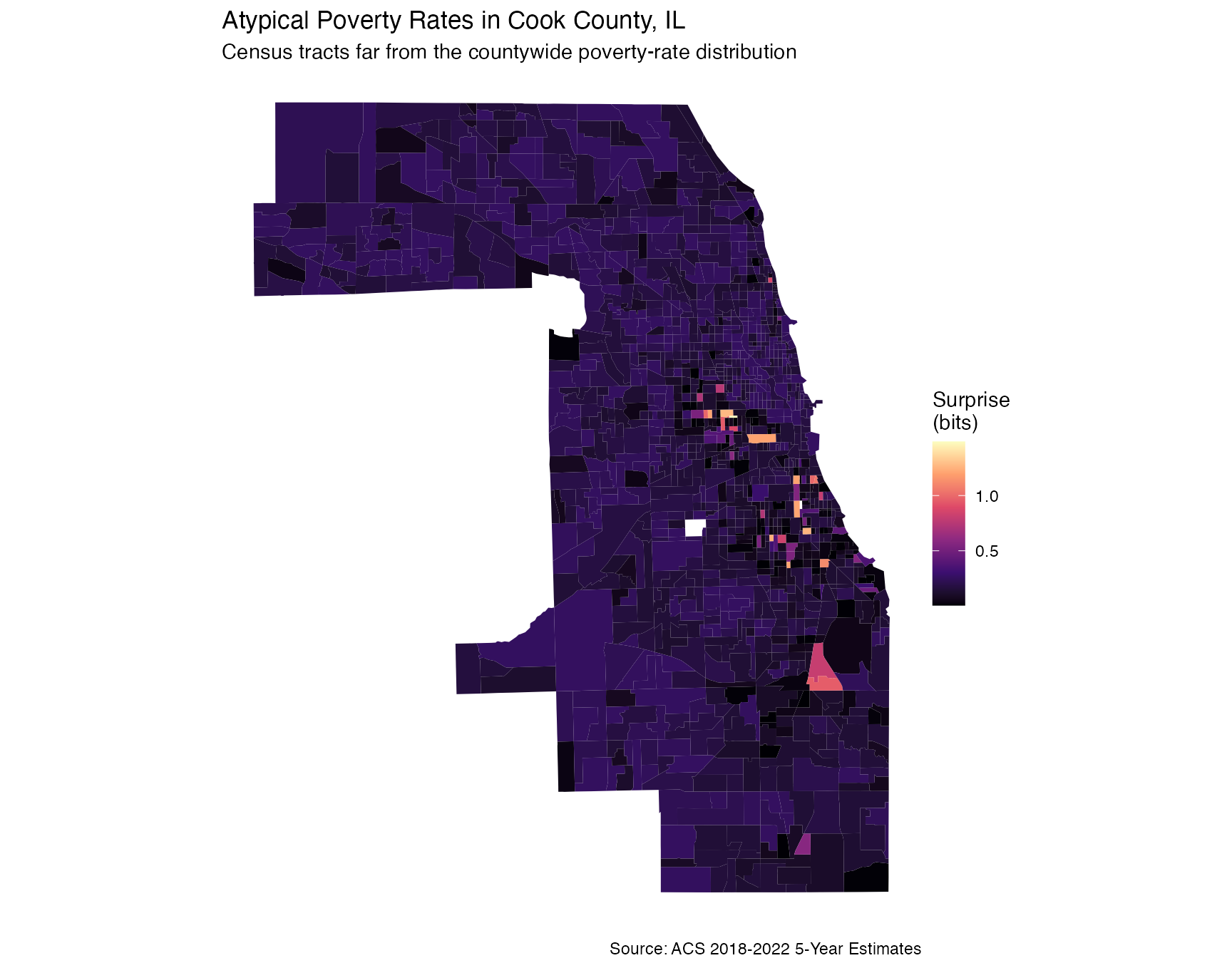 US Census example visualization of Bayesian surprise or funnel plot values.