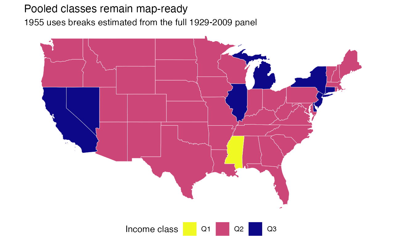 Map of contiguous US states showing pooled income classes in 1955 using the same five class intervals estimated from the full 1929 to 2009 panel.