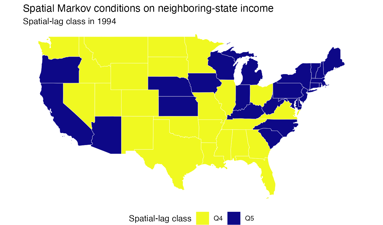 Map of contiguous US states showing each state's 1994 spatial-lag income class based on neighboring states.